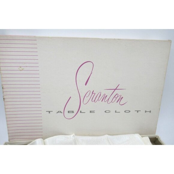 Vintage Scranton Ivory Lace Satin Proofed Table Cloth with 12 Napkins 72" X 90" - Picture 1 of 6